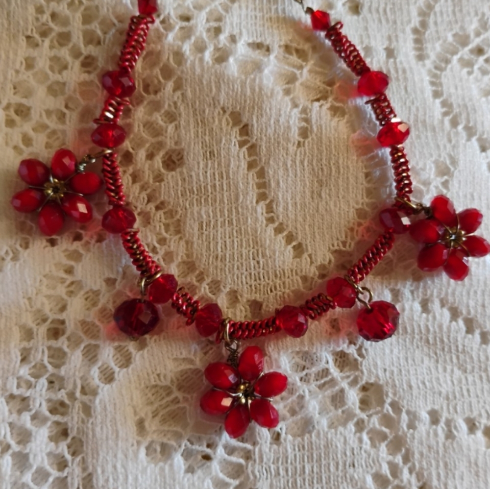 You & I signed Vintage  Red Swarovski crystal flower and Distressed metal Chain